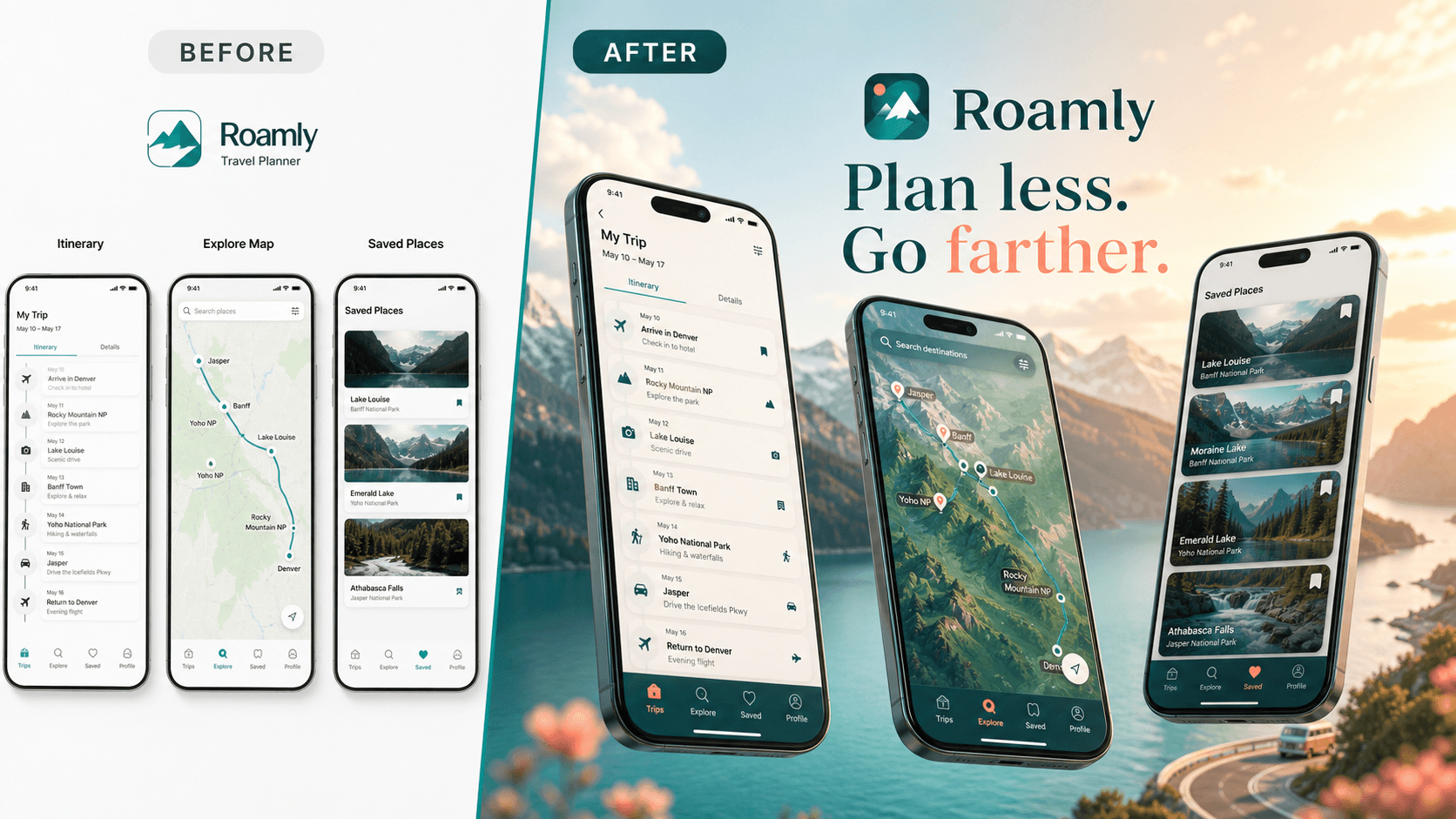 Before and after App Store screenshot transformation for the fictional Roamly travel app